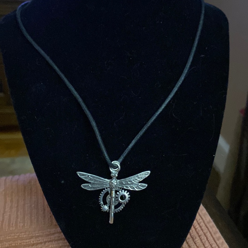 Dragonfly pendant on black rope chain